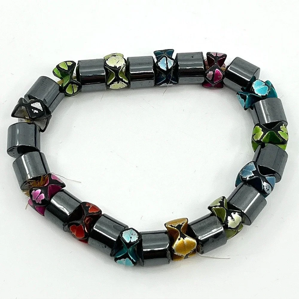 Vintage Retro Hematite Magnetic Stretch Bracelet Colorful Painted Accent Beads